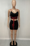 Blue Solid Draw String Spaghetti Strap Sleeveless Two Pieces