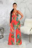 Red Sexy Fashion Patchwork Backless Print Sleeveless V Neck Jumpsuits