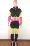 Black yellow Polyester Fashion Active adult Ma'am Patchwork contrast color Two Piece Suits pencil Long Sleeve Two Pieces