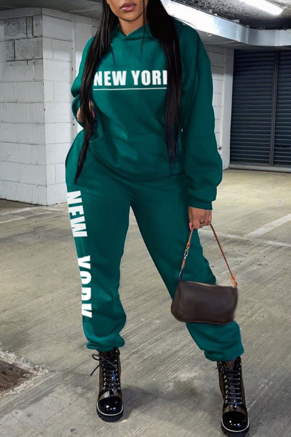 Green Sportswear Letter Print O Neck Long Sleeve Two Pieces