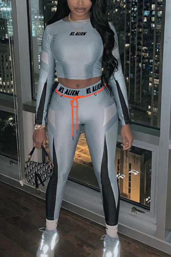 Grey Fashion Street Adult Letter Letter O Neck Long Sleeve Regular Sleeve Short Two Pieces