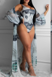 Grey Casual Print Patchwork O Neck Long Sleeve Three Pieces