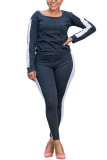 Navy Blue Fashion Sexy adult Ma'am O Neck Patchwork contrast color Two Piece Suits Stitching Plus Size