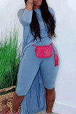 Blue Casual Solid Patchwork O Neck Long Sleeve Two Pieces