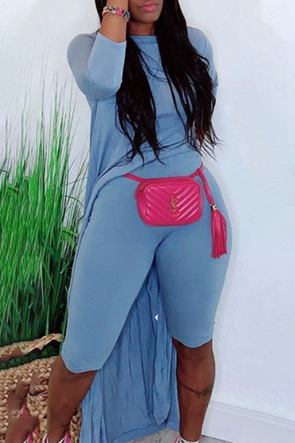 Blue Casual Solid Patchwork O Neck Long Sleeve Two Pieces