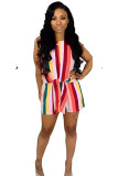 Multi-color Casual Fashion Striped bandage Geometric Sleeveless Peter Pan Collar Rompers