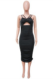 Black Sexy Solid Hollowed Out Backless Spaghetti Strap Sleeveless Dress