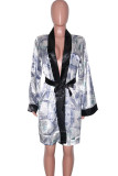 Black Fashion Casual Adult Polyester Print Split Joint With Belt V Neck Outerwear