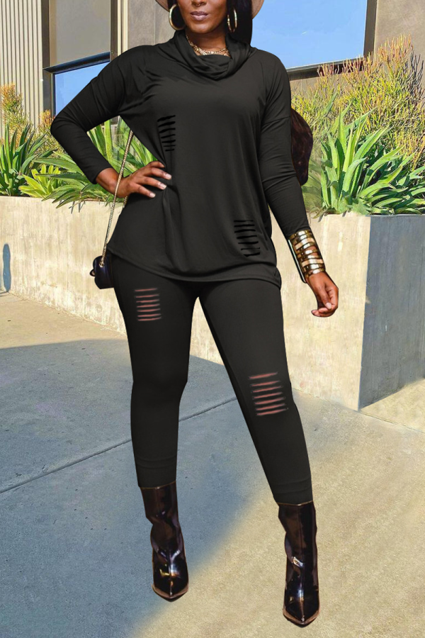 Black Casual Solid Hollowed Out Patchwork Halter Long Sleeve Two Pieces