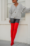 Grey Casual Solid Buttons V Neck Tops