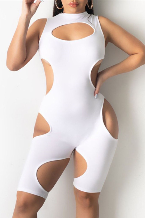 White Fashion Sexy Solid Hollowed Out Turtleneck Skinny Romper