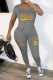 Grey Fashion Casual Letter Print Ripped V Neck Short Sleeve Two Pieces