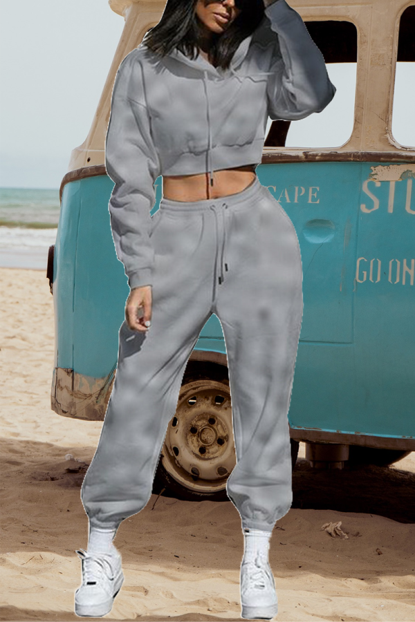Grey Casual Solid Patchwork Hooded Collar Long Sleeve Two Pieces