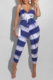 Blue White Sexy Casual Print Backless V Neck Regular Jumpsuits