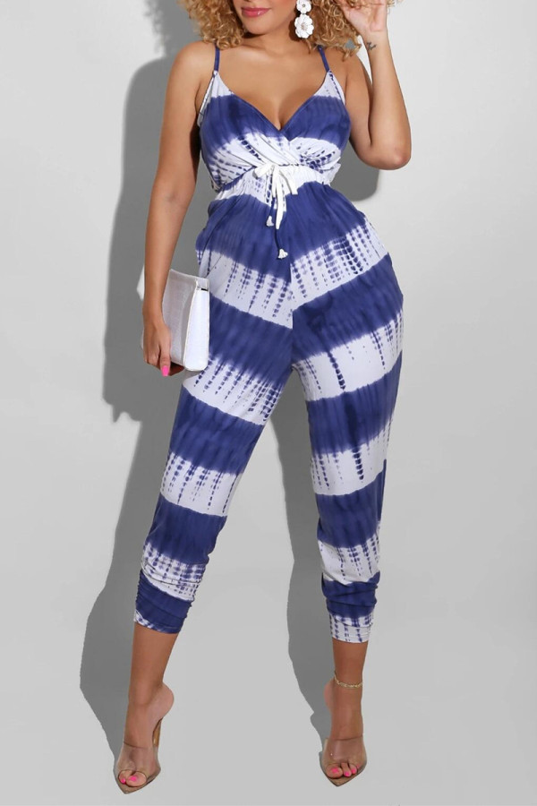 Blue White Sexy Casual Print Backless V Neck Regular Jumpsuits