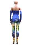 Blue Fashion street Print Hollow bandage Polyester Three Quarter Wrapped Jumpsuits