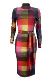 Colour Fashion Casual Plaid Print With Belt Half A Turtleneck Long Sleeve Dresses