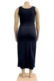 Navy Blue Polyester Fashion adult Sexy O Neck Bandage Two Piece Suits Solid