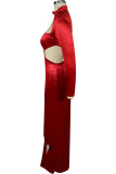 Red Polyester Sexy Cap Sleeve Long Sleeves Mandarin Collar Step Skirt Ankle-Length Solid