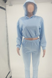 Blue Casual Solid Hooded Collar Long Sleeve Two Pieces