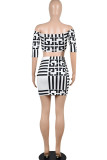 Black White Sexy Print Patchwork Strapless Long Sleeve Two Pieces
