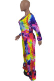Yellow Casual Print Coloured drawing Long Sleeve O Neck Jumpsuits