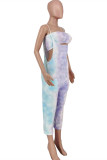 Colour Sexy Casual Print Tie Dye Backless Spaghetti Strap Sleeveless Two Pieces