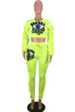 Fluorescent green Sexy Eyes Printed Sequins O Neck Long Sleeve Two Pieces