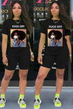 White Fashion Sexy adult Ma'am Letter Patchwork Print head portrait Two Piece Suits pencil Short Sleeve Two Pieces