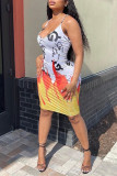 White Fashion Sexy Print Backless Spaghetti Strap Sleeveless Dress