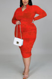 Red Fashion Polyester Milk Fiber Print Tie-dye Fold Mandarin Collar Long Sleeve Knee Length Sheath Dresses