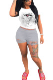 Grey Fashion adult Ma'am Lightly cooked Print Burn-out Two Piece Suits Eyes Printed pencil Short Sleeve Two Pieces