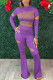 Purple Sexy Solid Ripped Patchwork Fold O Neck Long Sleeve Two Pieces