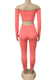 Orange and pink Sexy Polyester Solid Split Joint Bateau Neck Long Sleeve Short Two Pieces