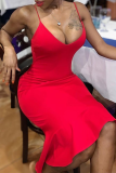 Red Sexy Solid Patchwork Spaghetti Strap Irregular Dress Dresses