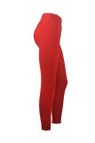 rose red Polyester Elastic Fly High Solid pencil Pants Bottoms