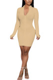 Light Green Fashion Casual adult Ma'am Cap Sleeve Long Sleeves O neck Step Skirt Knee-Length Solid Dresses