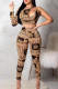 Multicolor Fashion Print Hollowed Out O Neck Long Sleeve Two Pieces