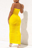 Yellow Fashion Solid Fold Strapless Step Skirt Dresses