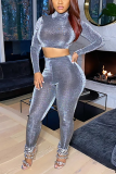 Blue Sexy Solid See-through Turtleneck Long Sleeve Two Pieces