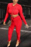 Red Casual Solid Draw String V Neck Long Sleeve Two Pieces