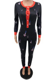 Black Street Print O Neck Skinny Jumpsuits