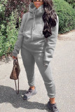 Grey Fashion Casual Adult Polyester Solid Split Joint Hooded Collar Long Sleeve Regular Sleeve Regular Two Pieces