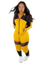 Yellow Polyester Casual Solid Patchwork pencil Long Sleeve Two-piece Pants Set