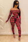 rose red Fashion adult Sexy Letter Print Two Piece Suits perspective Patchwork Mesh pencil Long Sle