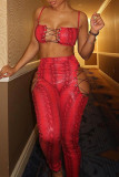 Red Fashion Sexy Print Hollowed Out Strap Design Spaghetti Strap Sleeveless Two Pieces