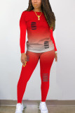 Red Sexy Print Hole Regular Long Sleeve Two Pieces