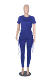 Blue Fashion Casual Solid Basic O Neck Short Sleeve Two Pieces