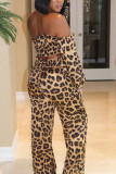 Yellow Polyester Sexy Street Leopard Patchwork Print asymmetrical Loose Nine Sleeves Two Pieces