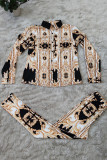Gold Fashion Casual Print Basic Turndown Collar Long Sleeve Two Pieces